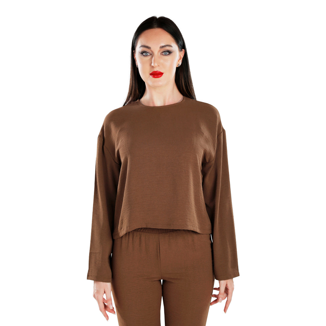 full sleeves top & fitted full pants coord set#color_brown