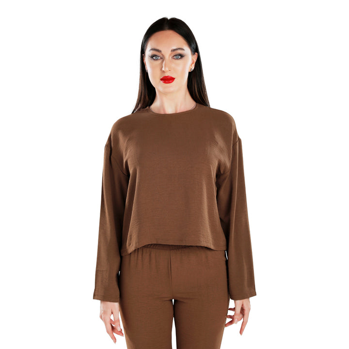 full sleeves top & fitted full pants coord set#color_brown