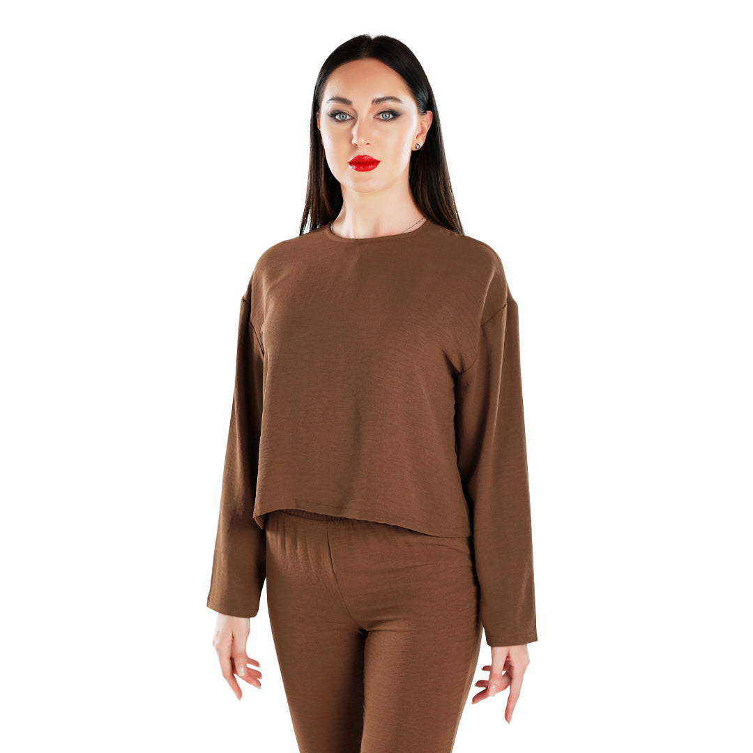 full sleeves top & fitted full pants coord set#color_brown