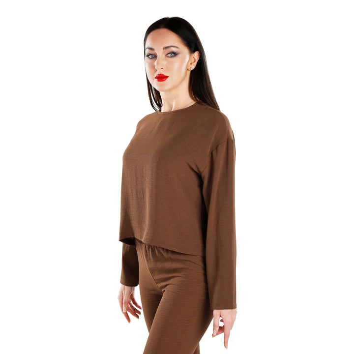 full sleeves top & fitted full pants coord set#color_brown