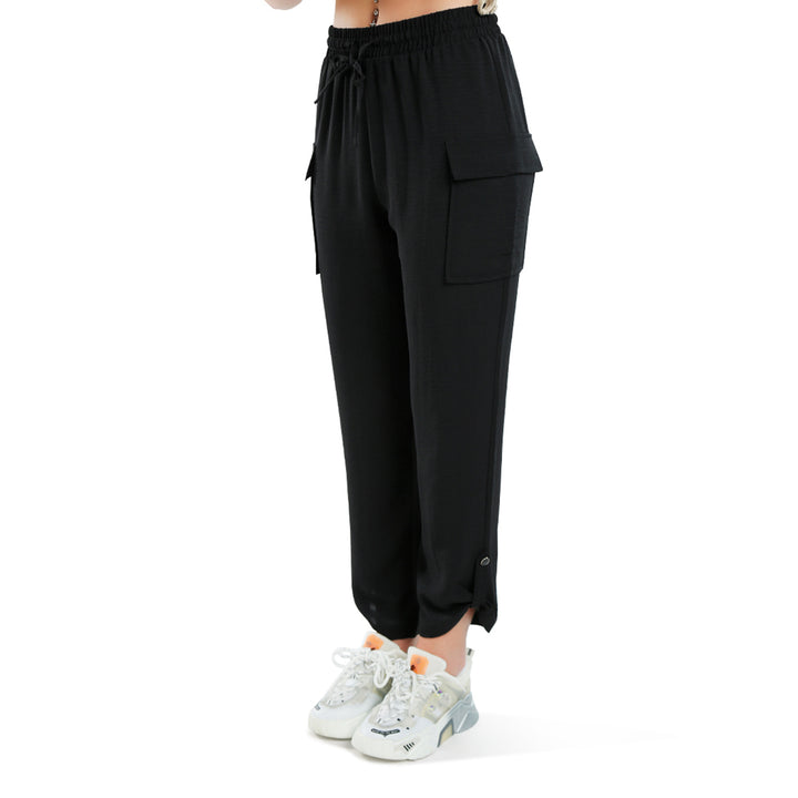 drawstring waistband cargo pants#color_black