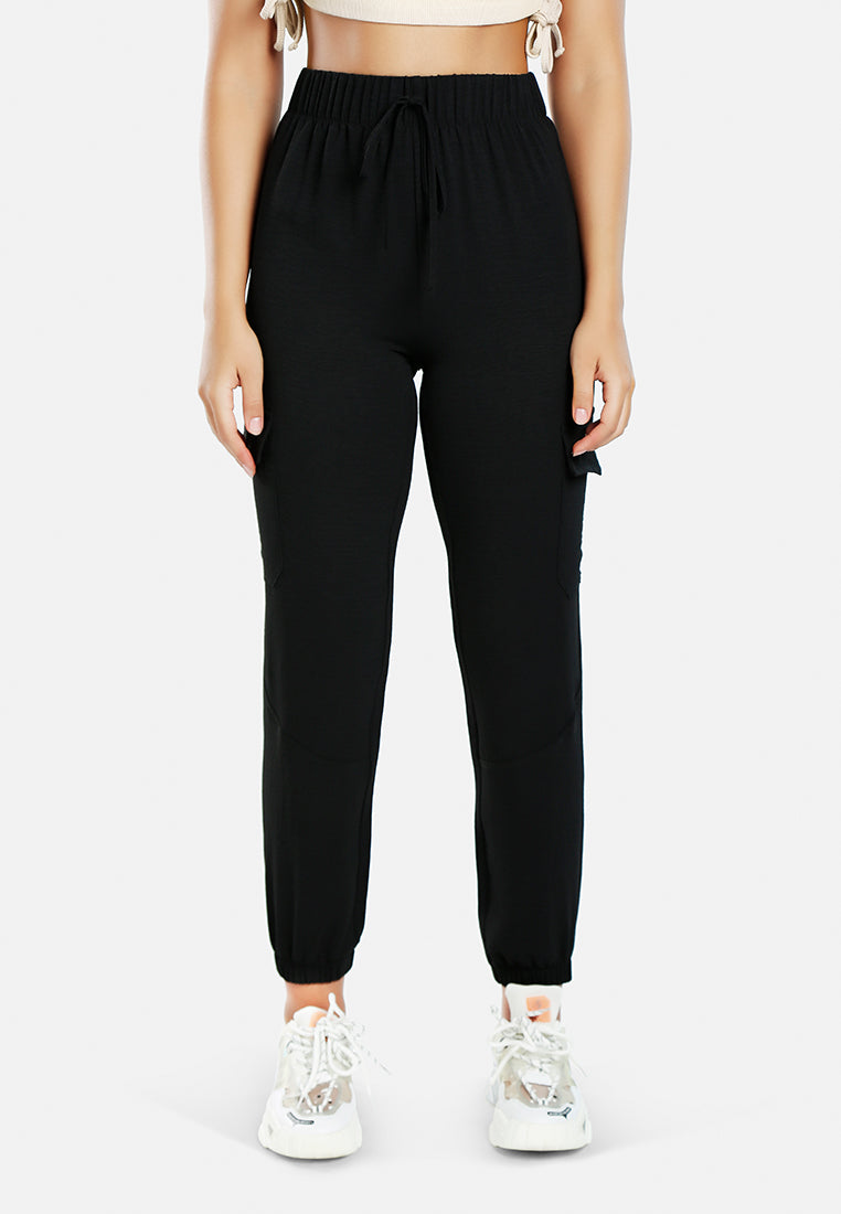 women high-rise cargo drawstring pants#color_black
