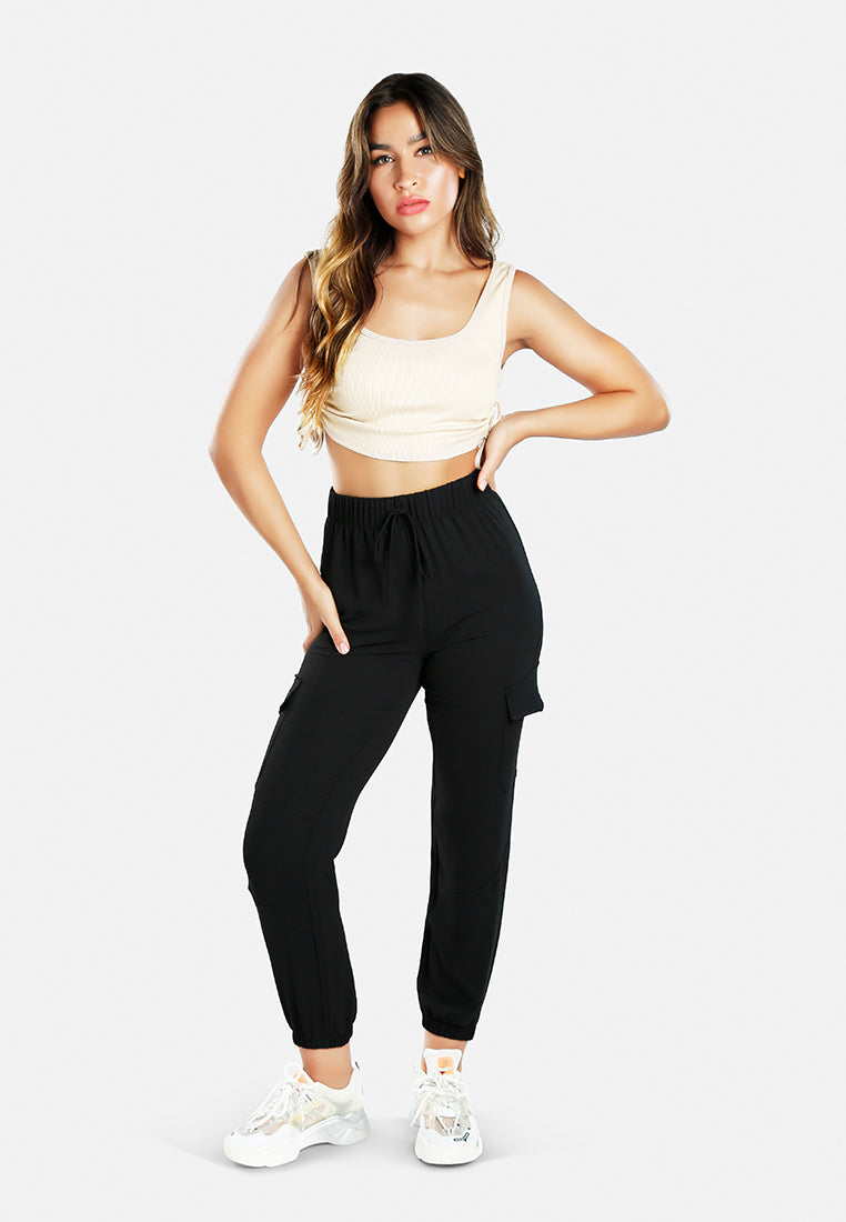 women high-rise cargo drawstring pants#color_black