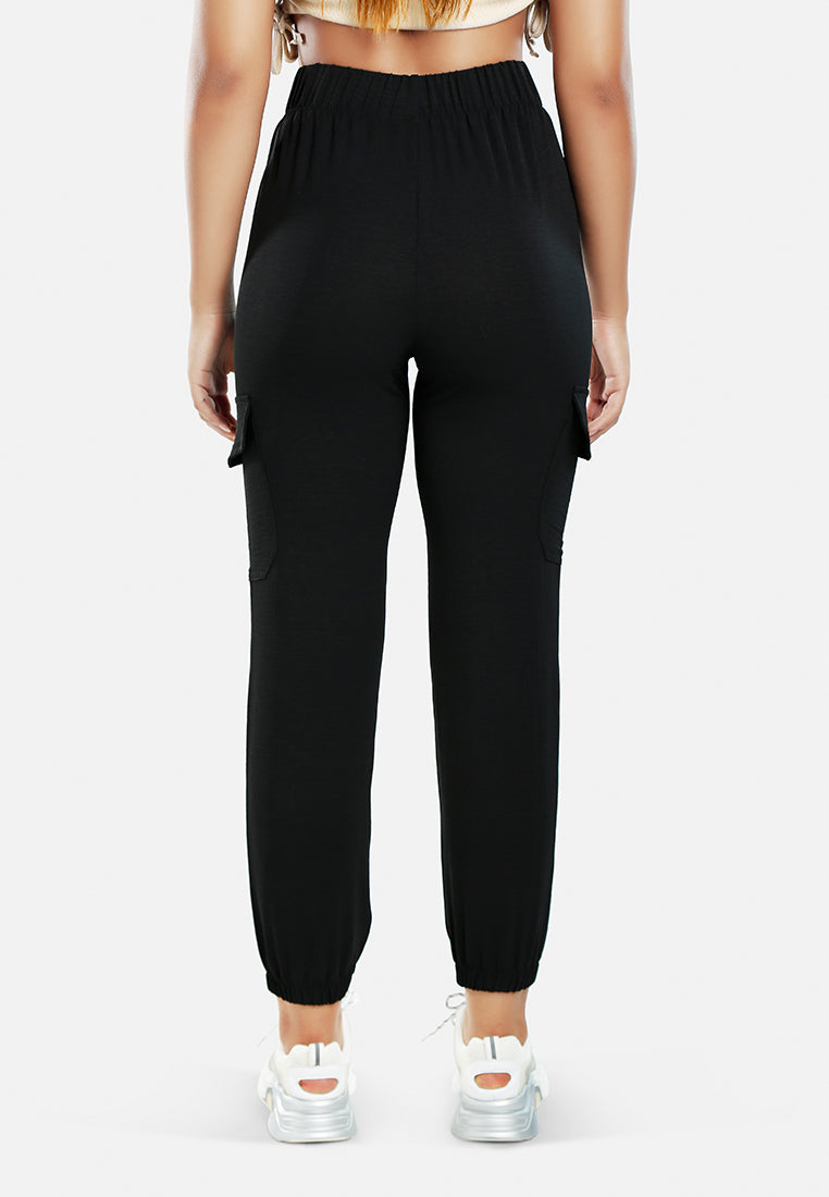 women high-rise cargo drawstring pants#color_black