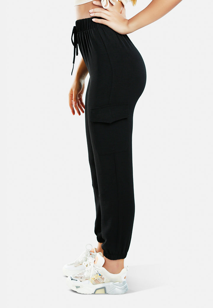 women high-rise cargo drawstring pants#color_black