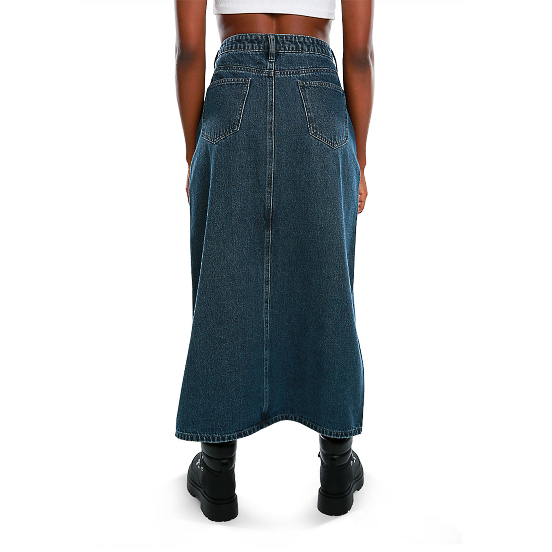 solid front slit denim skirt#color_navy
