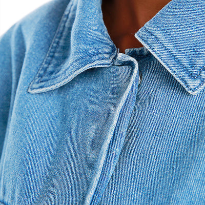solid shoulder padded denim jacket#color_blue