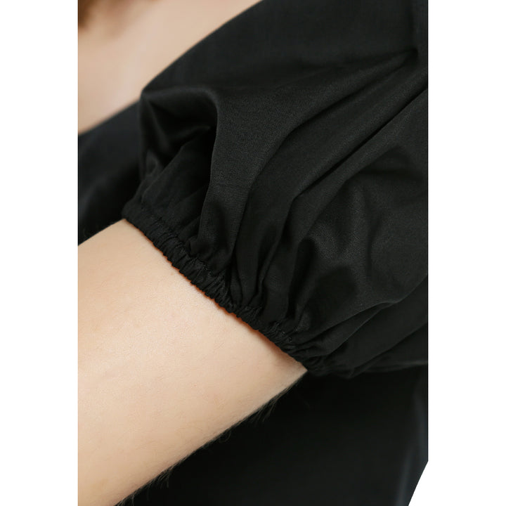 puff sleeves slit dress#color_black
