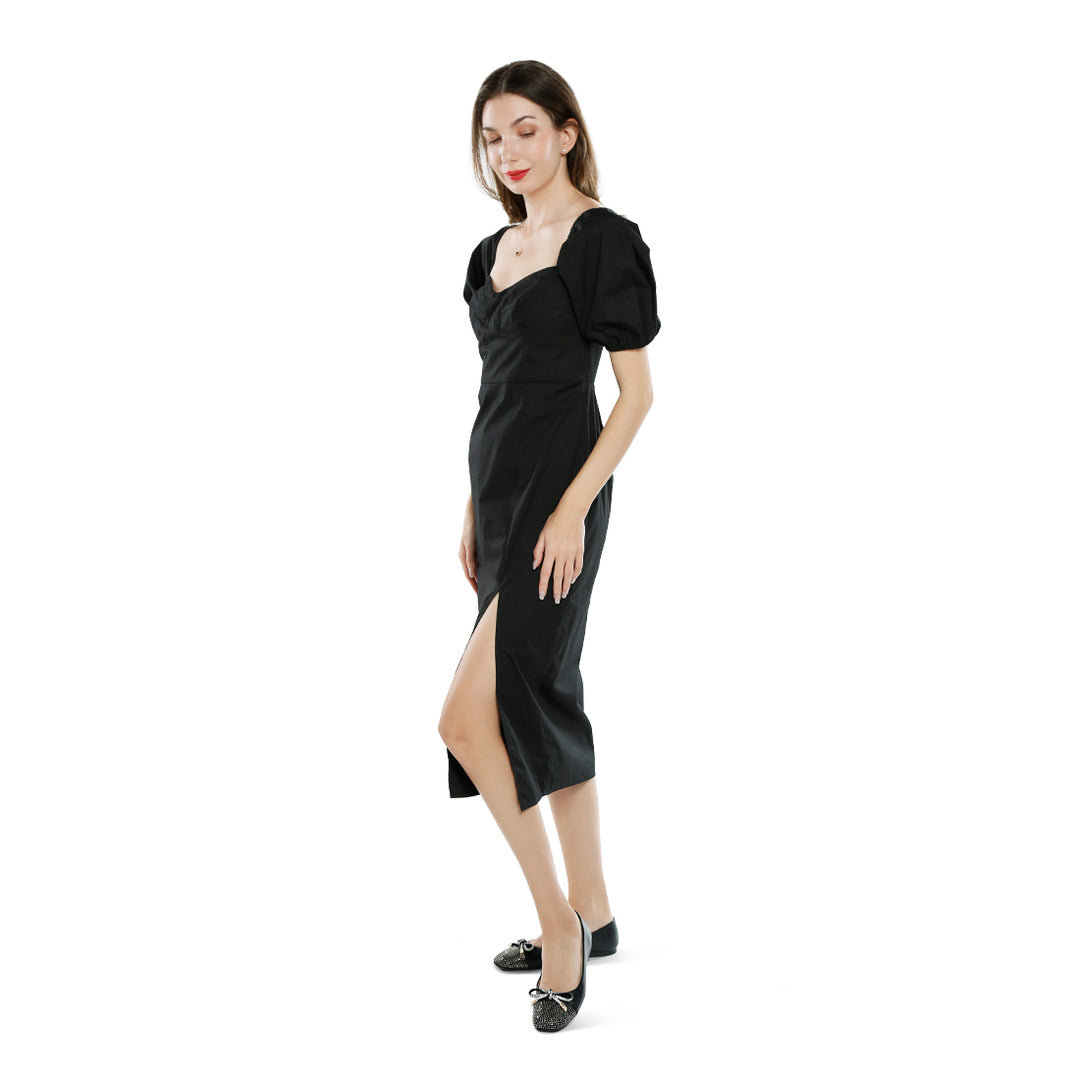 puff sleeves slit dress#color_black