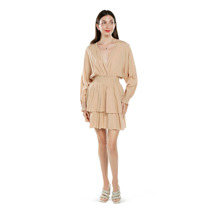 v-neck long lantern sleeves short dress#color_beige