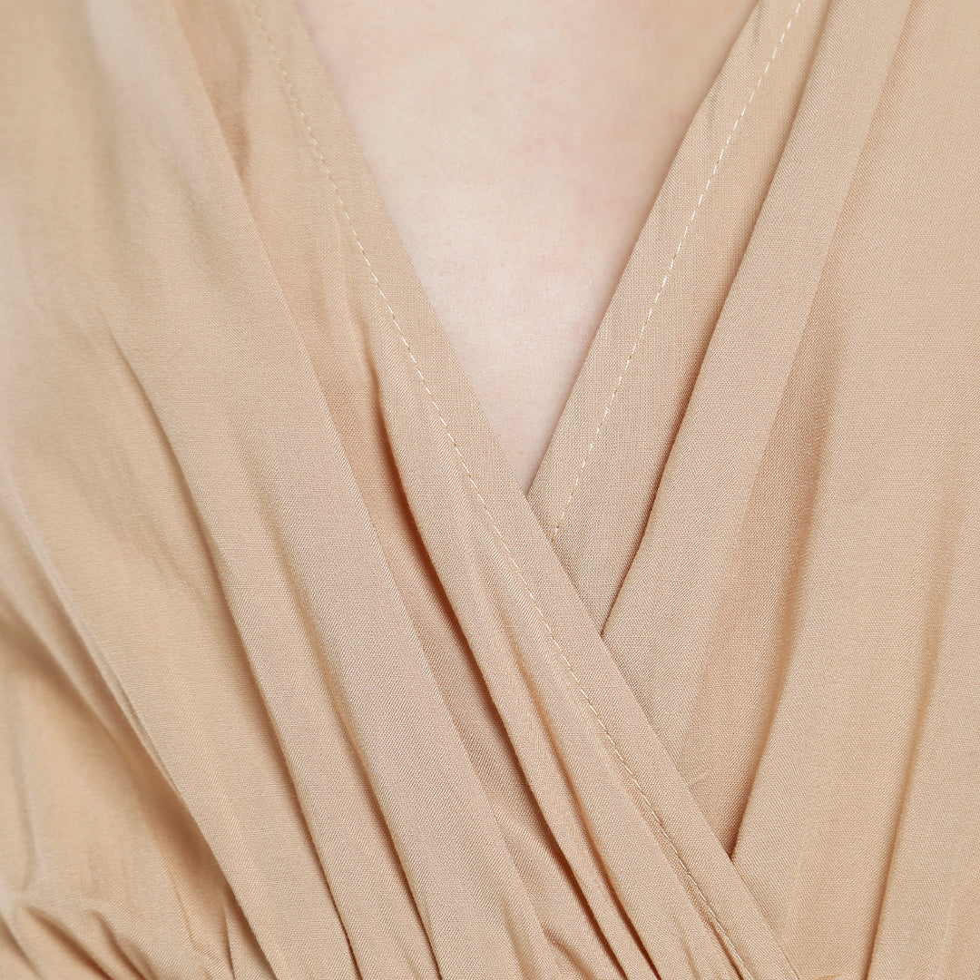 v-neck long lantern sleeves short dress#color_beige