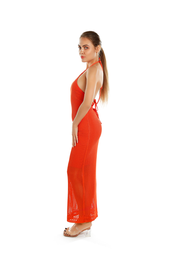 halter neck backless dress#color_orange