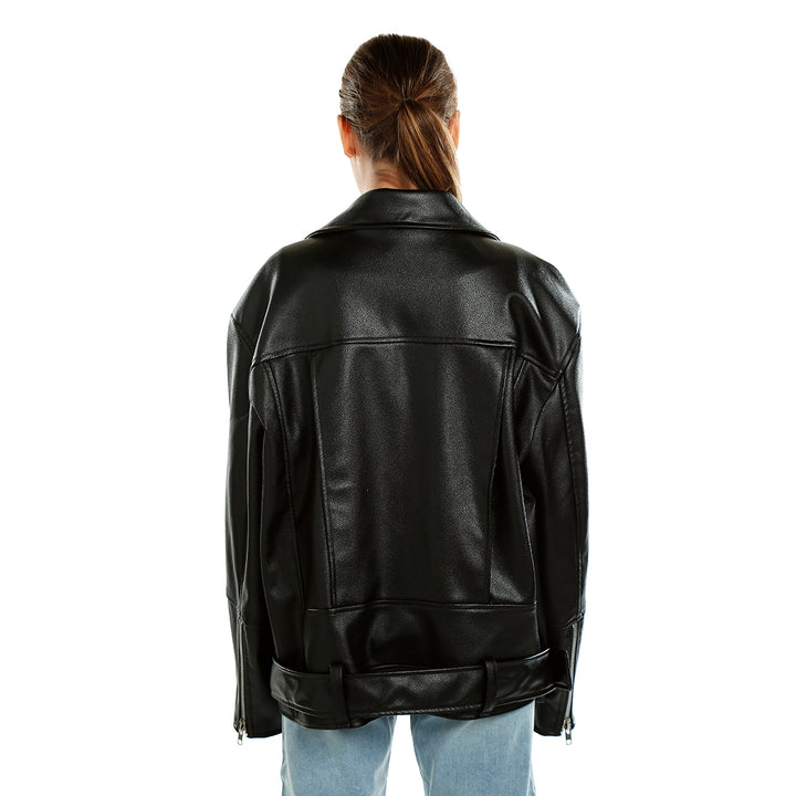 belted oversized biker jacket#color_black