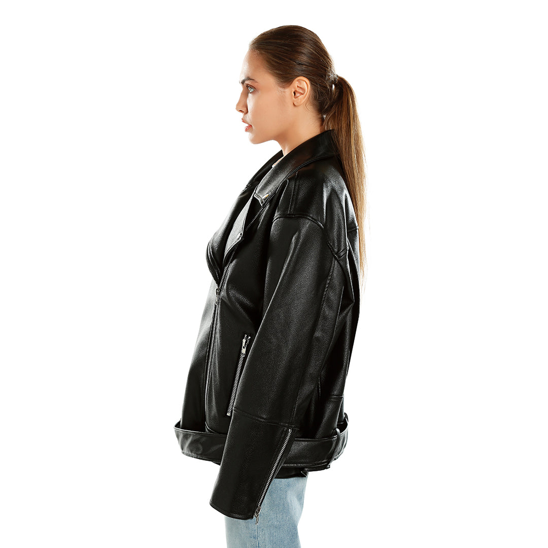 belted oversized biker jacket#color_black