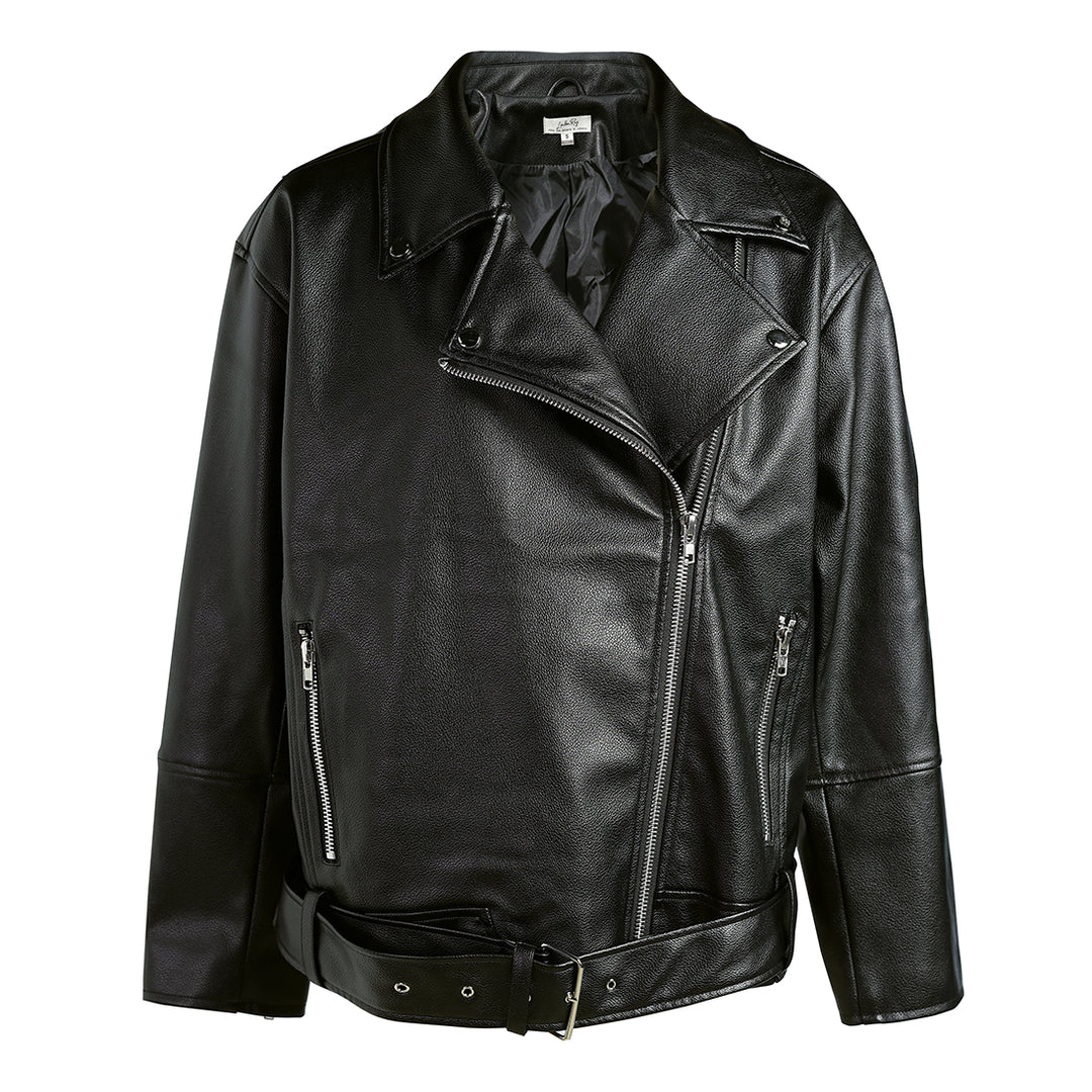 belted oversized biker jacket#color_black