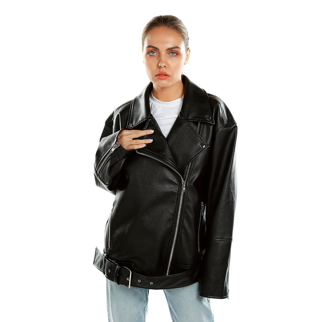 belted oversized biker jacket#color_black