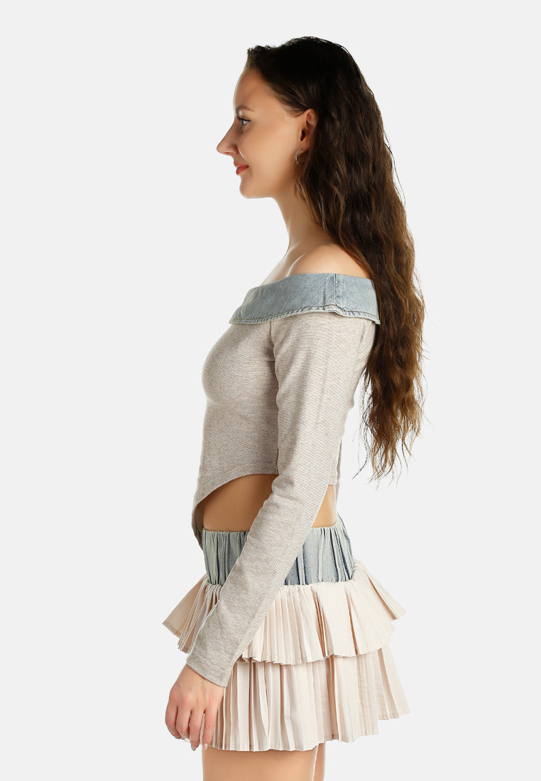 Women Off-Shoulder Denim Paneling Top
