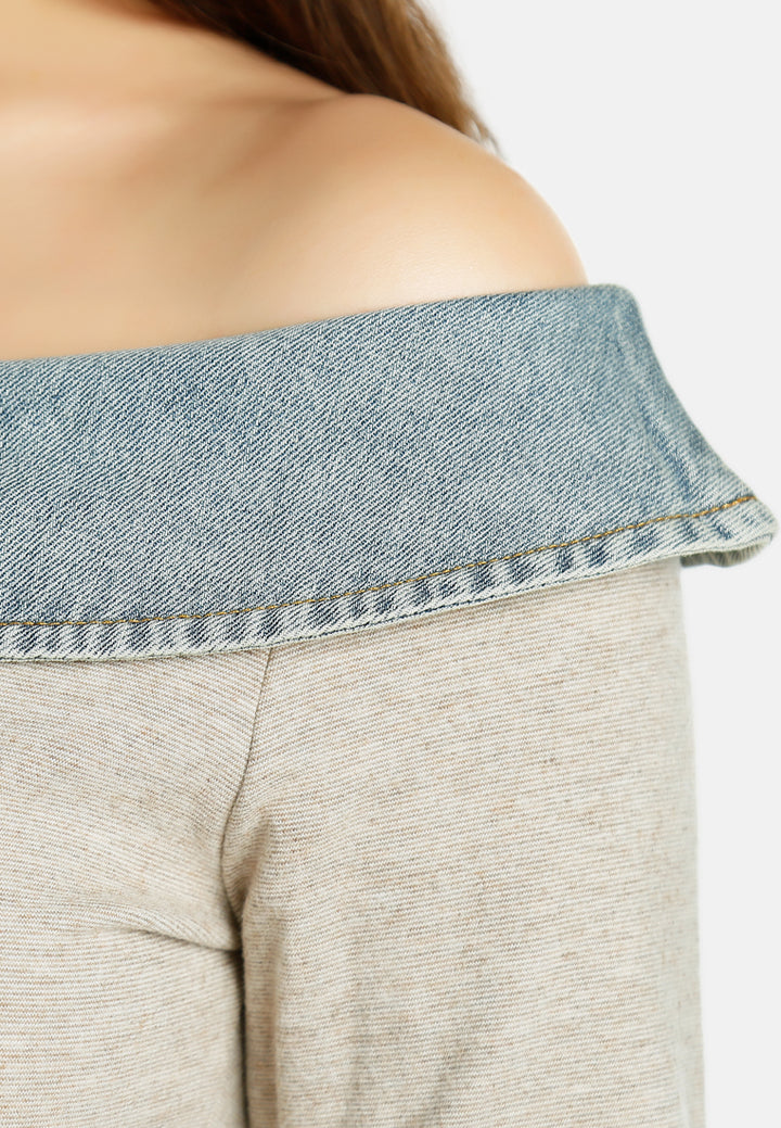 Women Off-Shoulder Denim Paneling Top