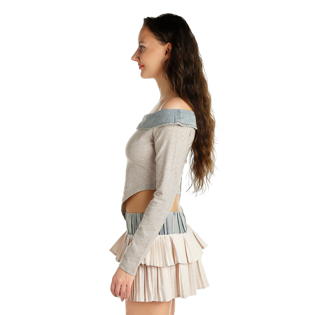 off-shoulder denim paneling top#color_blue