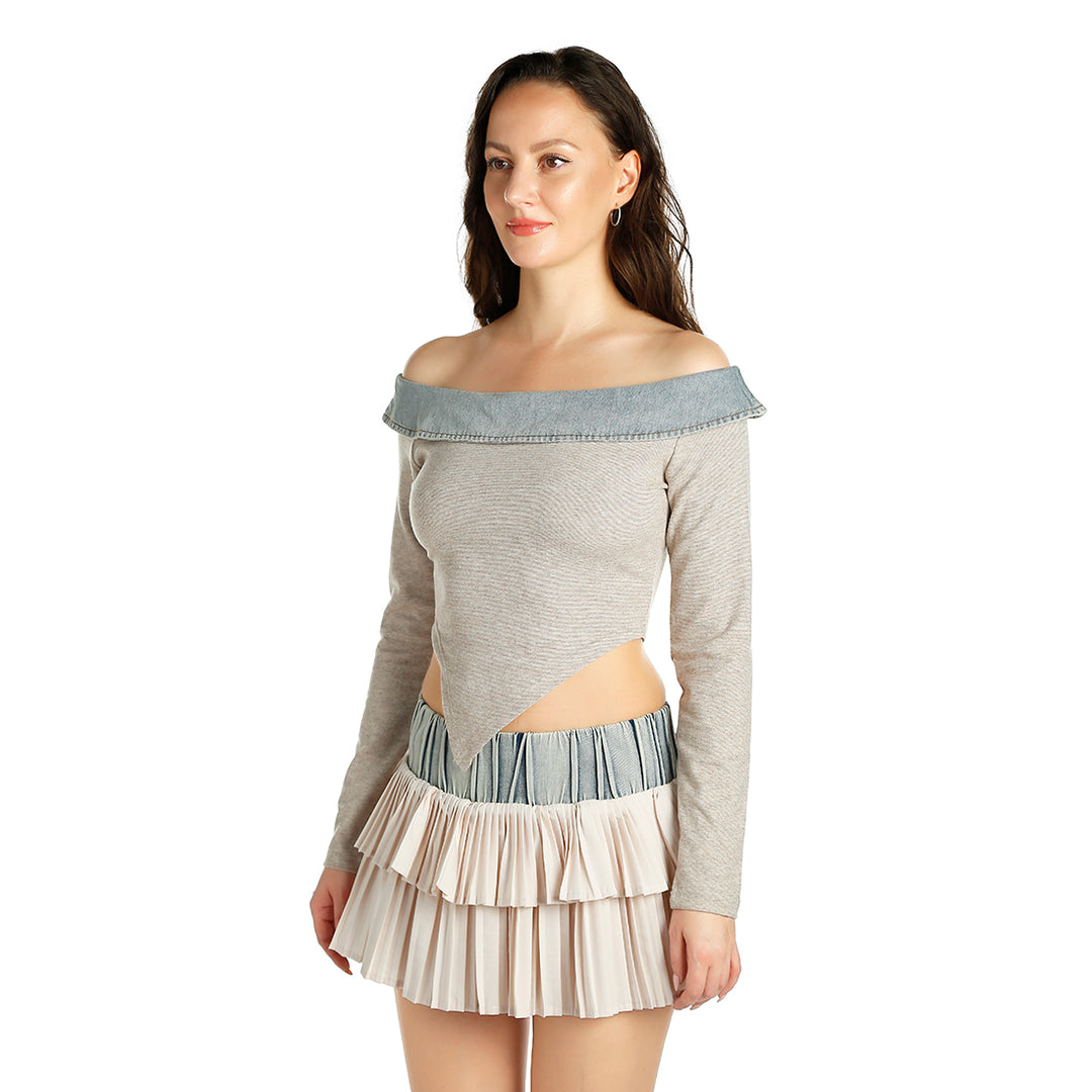 off-shoulder denim paneling top#color_blue