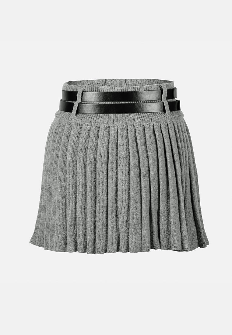 women dual belt pleated skirt#color_grey