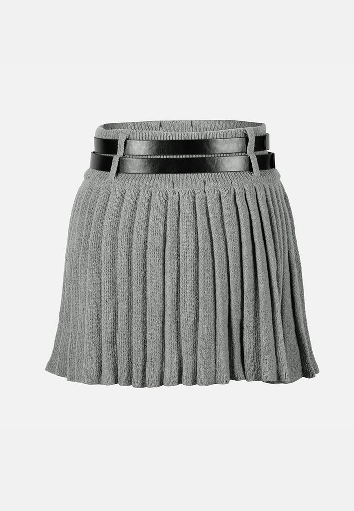 women dual belt pleated skirt#color_grey