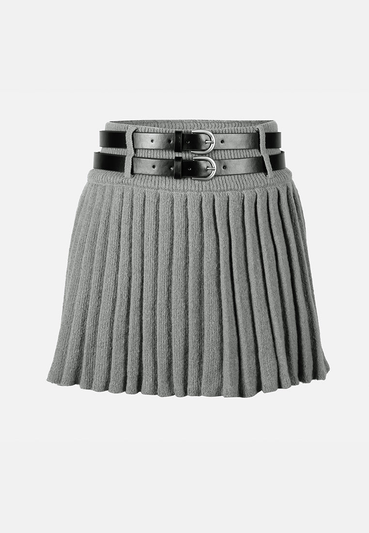 women dual belt pleated skirt#color_grey