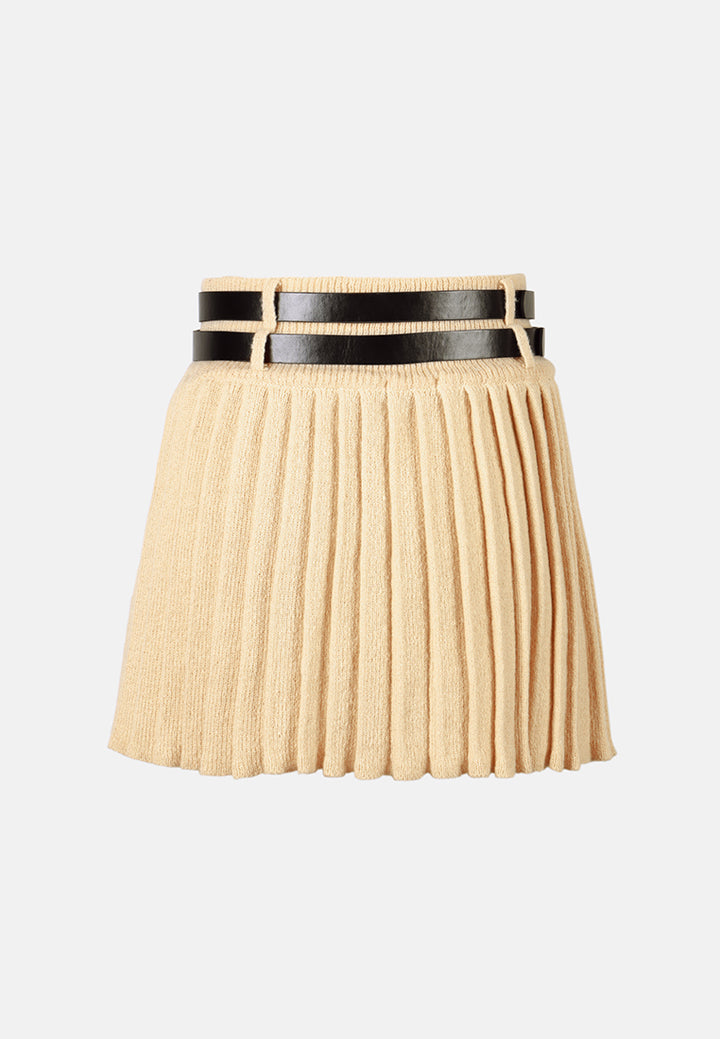 women dual belt pleated skirt#color_khaki