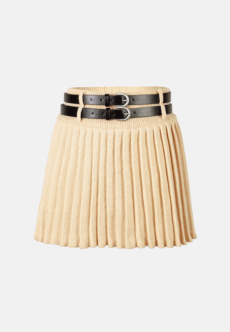 women dual belt pleated skirt#color_khaki