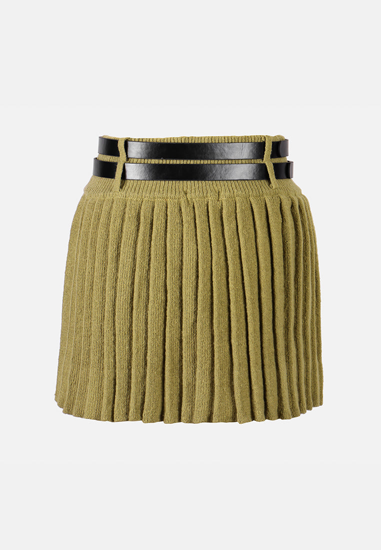 women dual belt pleated skirt#color_olive