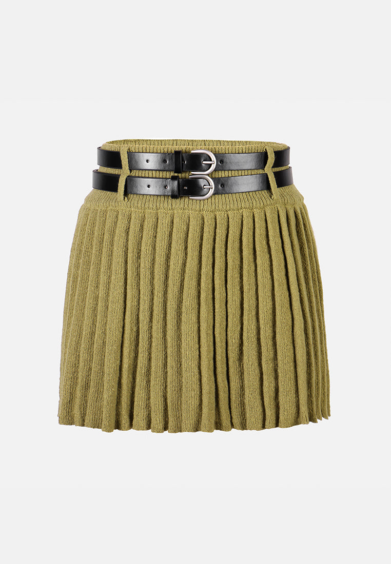 women dual belt pleated skirt#color_olive