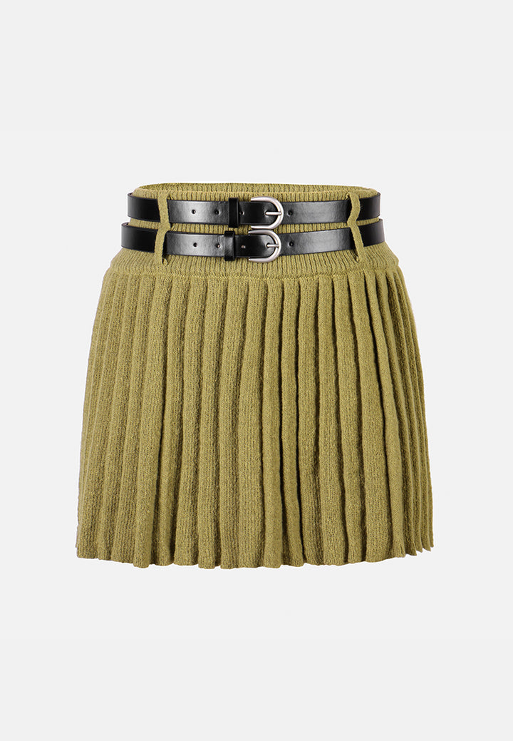 women dual belt pleated skirt#color_olive