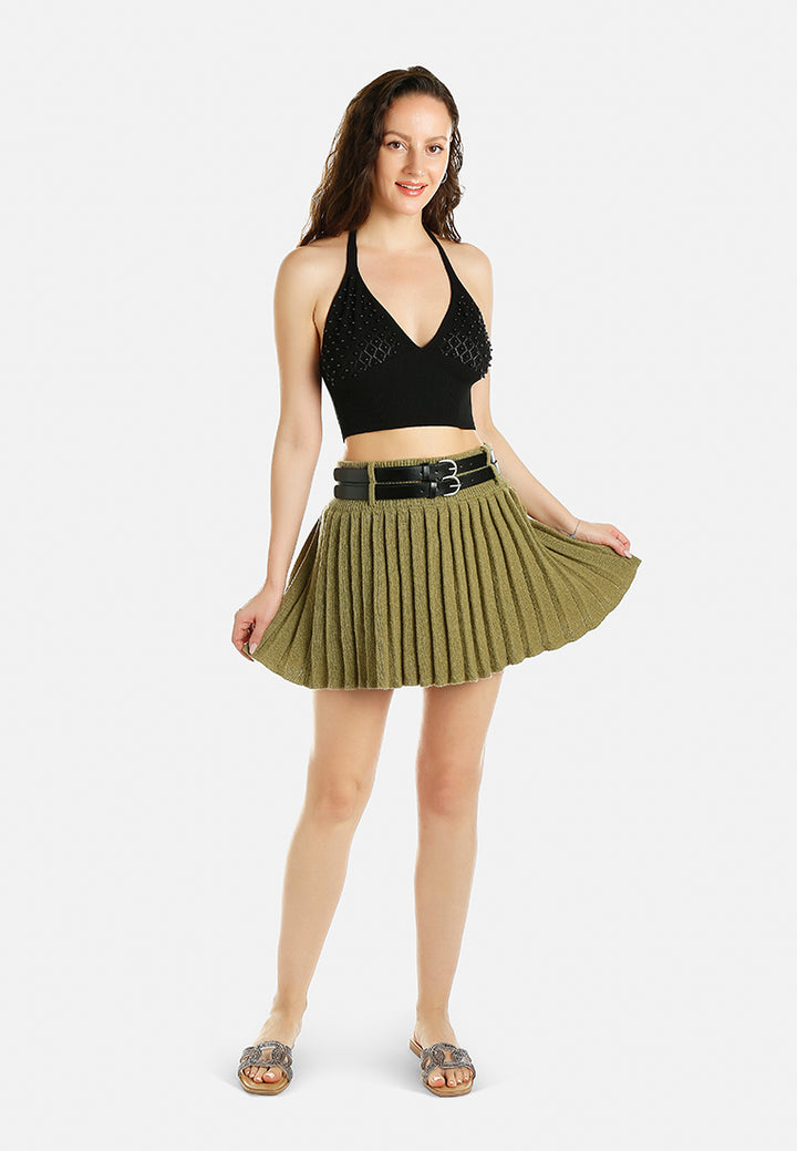 women dual belt pleated skirt#color_olive