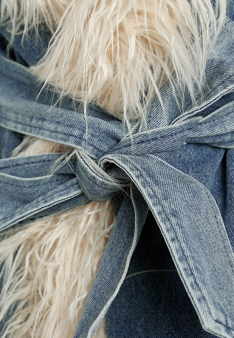 Women Faux Fur Trim Denim Trench Coat