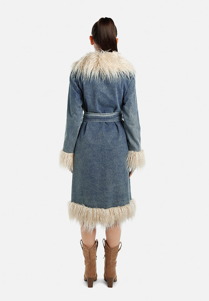 Women Faux Fur Trim Denim Trench Coat