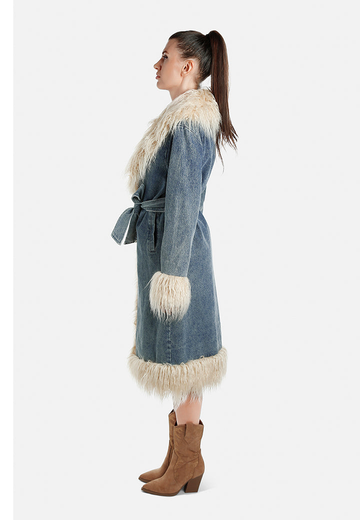 Women Faux Fur Trim Denim Trench Coat