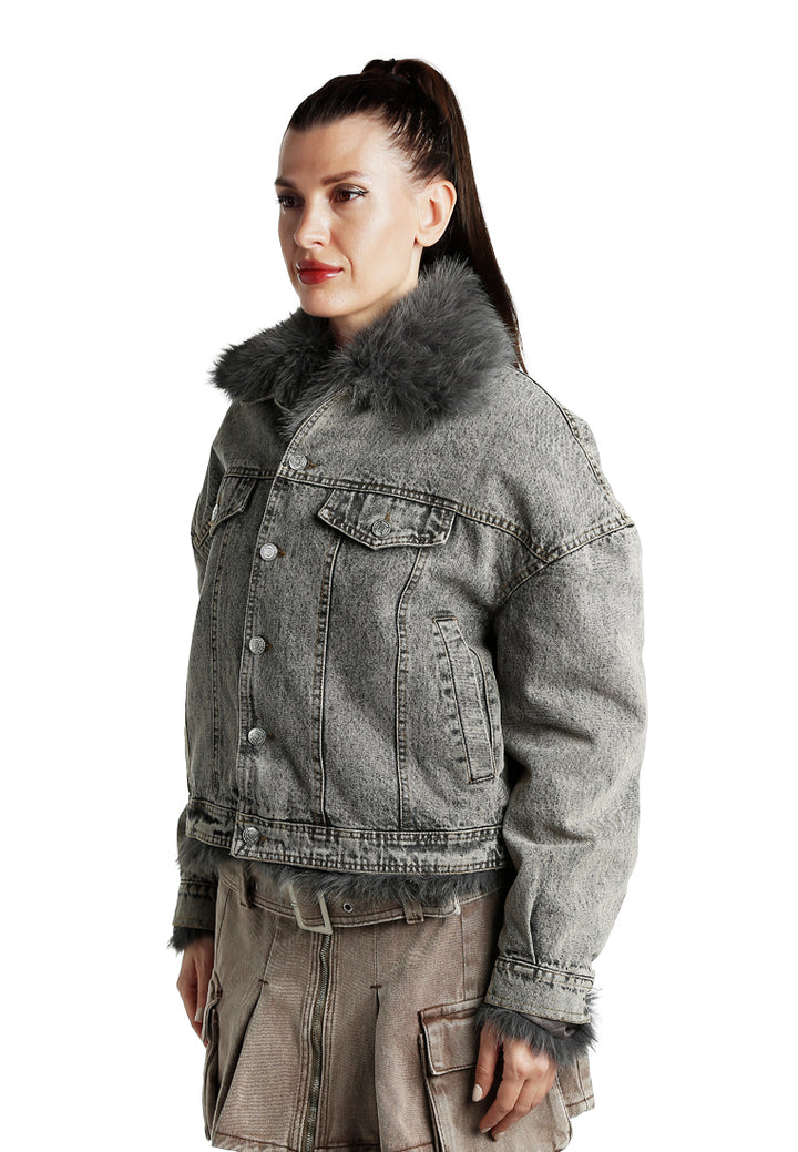 Faux Fur Collar Denim Jacket In Grey