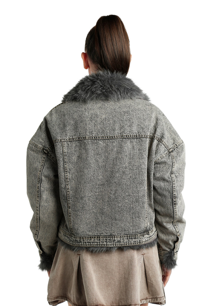 Faux Fur Collar Denim Jacket In Grey