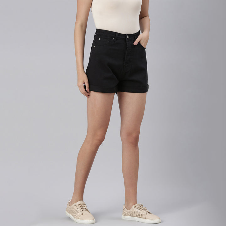 Black High Waist Raw Hem Shorts