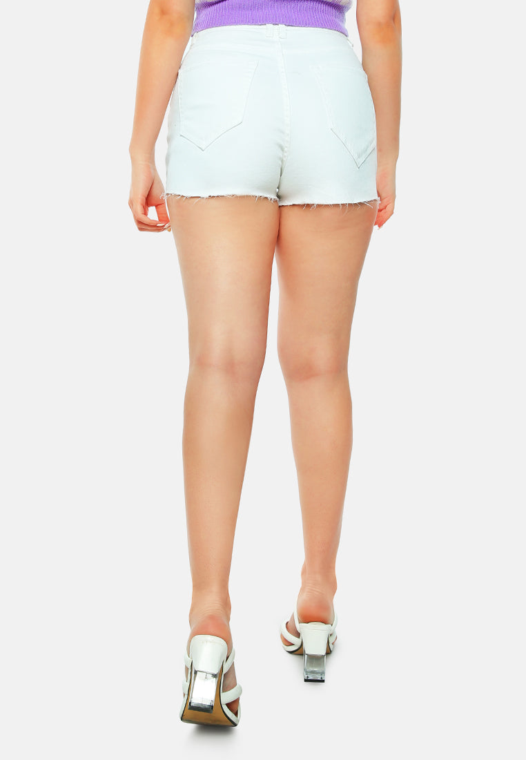 women high waist raw hem shorts#color_white