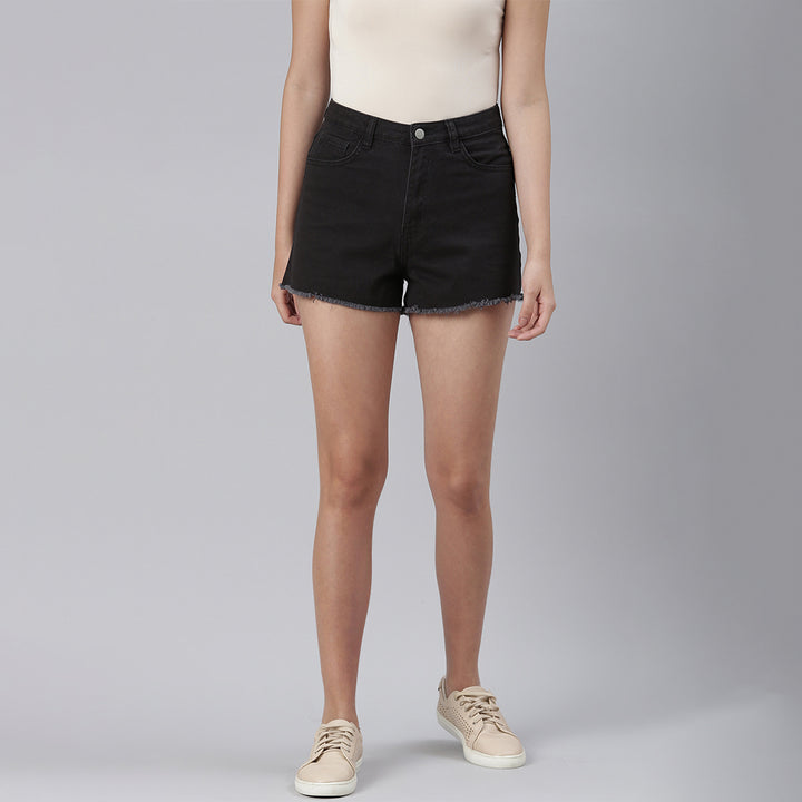 Black Jeans High Waist Raw Hem Shorts