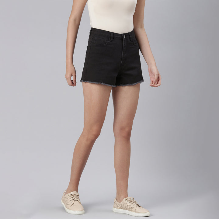 Black Jeans High Waist Raw Hem Shorts