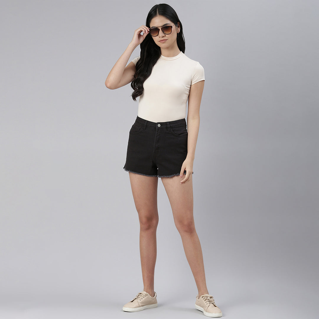 Black Jeans High Waist Raw Hem Shorts