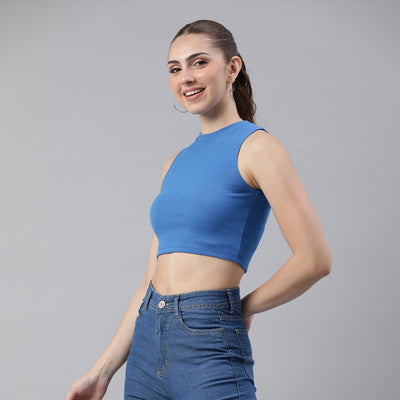 solid knitted crop top#color_blue