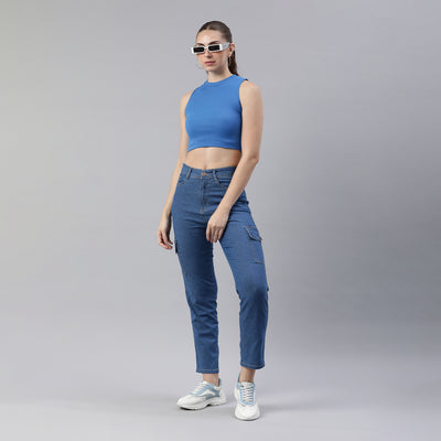 solid knitted crop top#color_blue