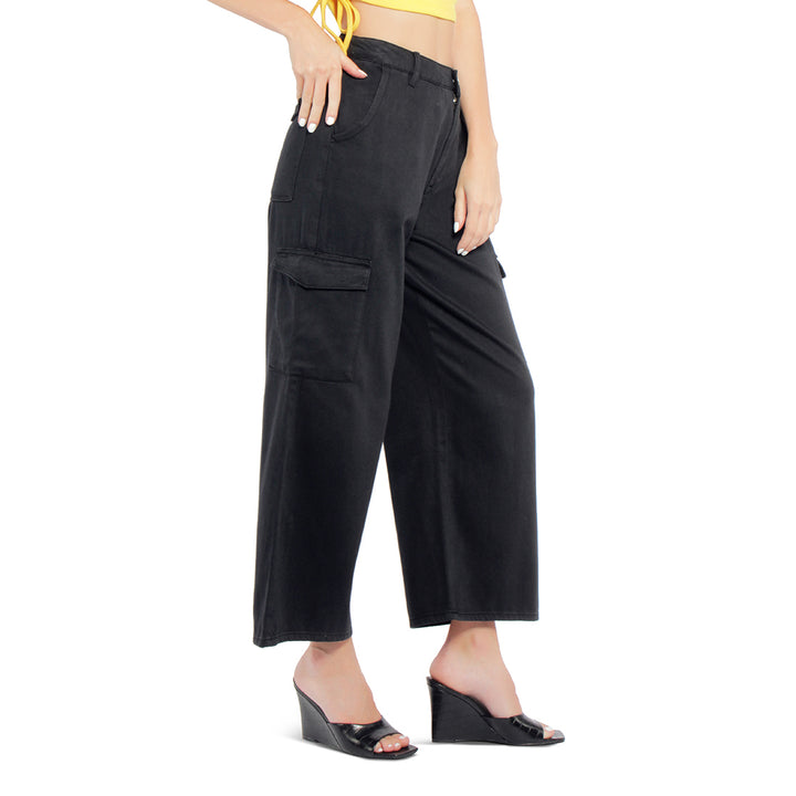 high waist cargo pocket pants#color_black