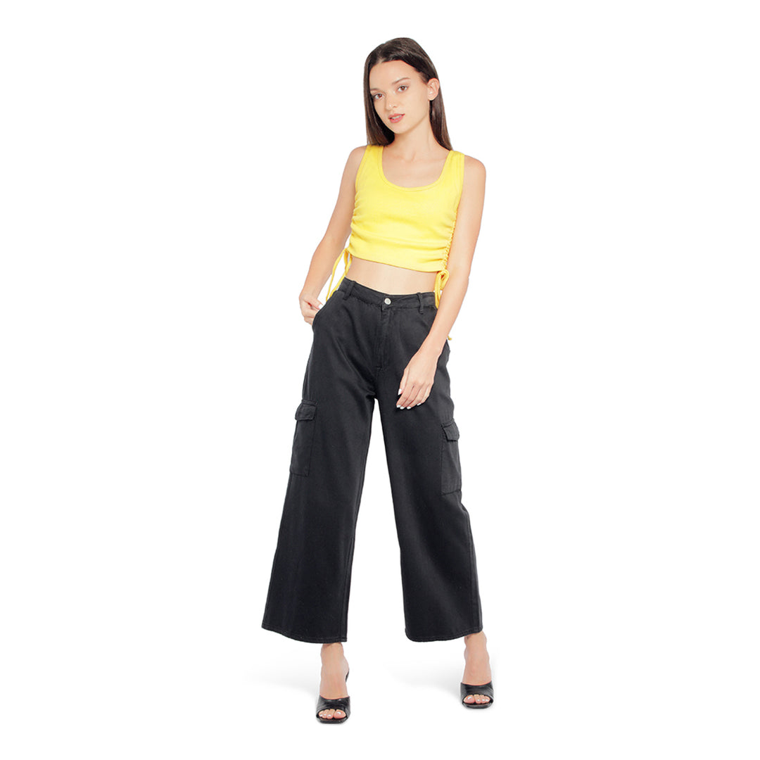 high waist cargo pocket pants#color_black