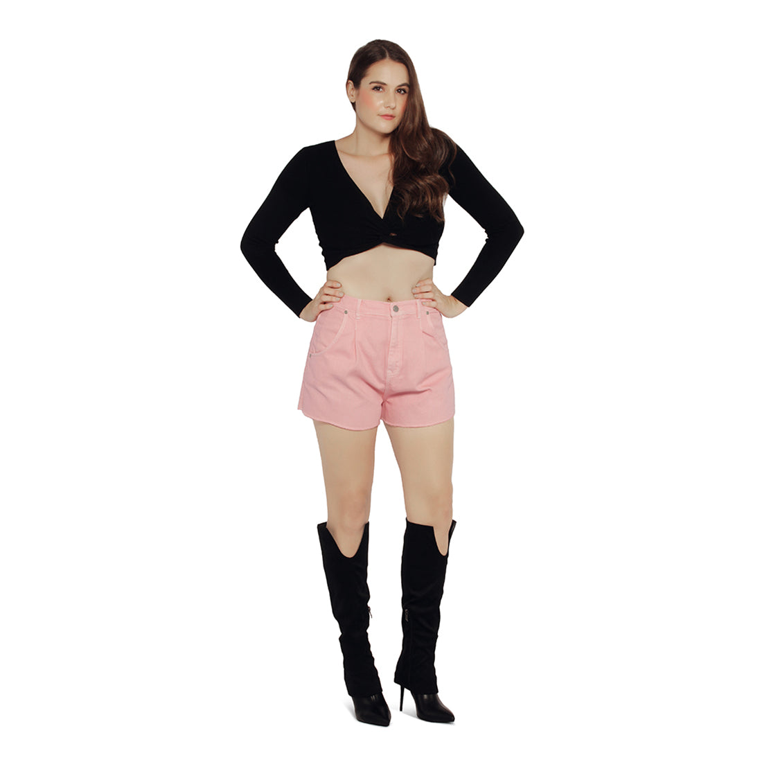 mid rise denim shorts#color_pink