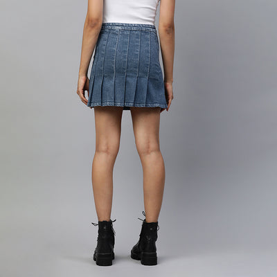 pleated denim mini skirt#color_dark-blue