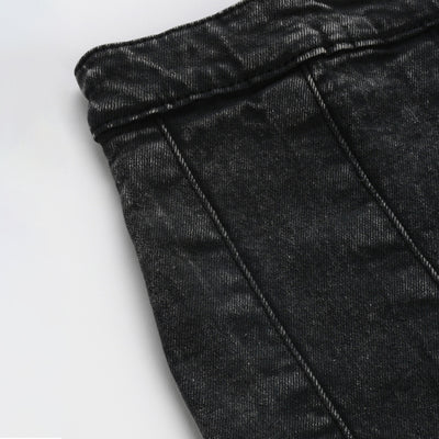 pleated denim mini skirt#color_light-black